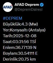 Antalya’da 4.3 büyüklüğünde deprem
